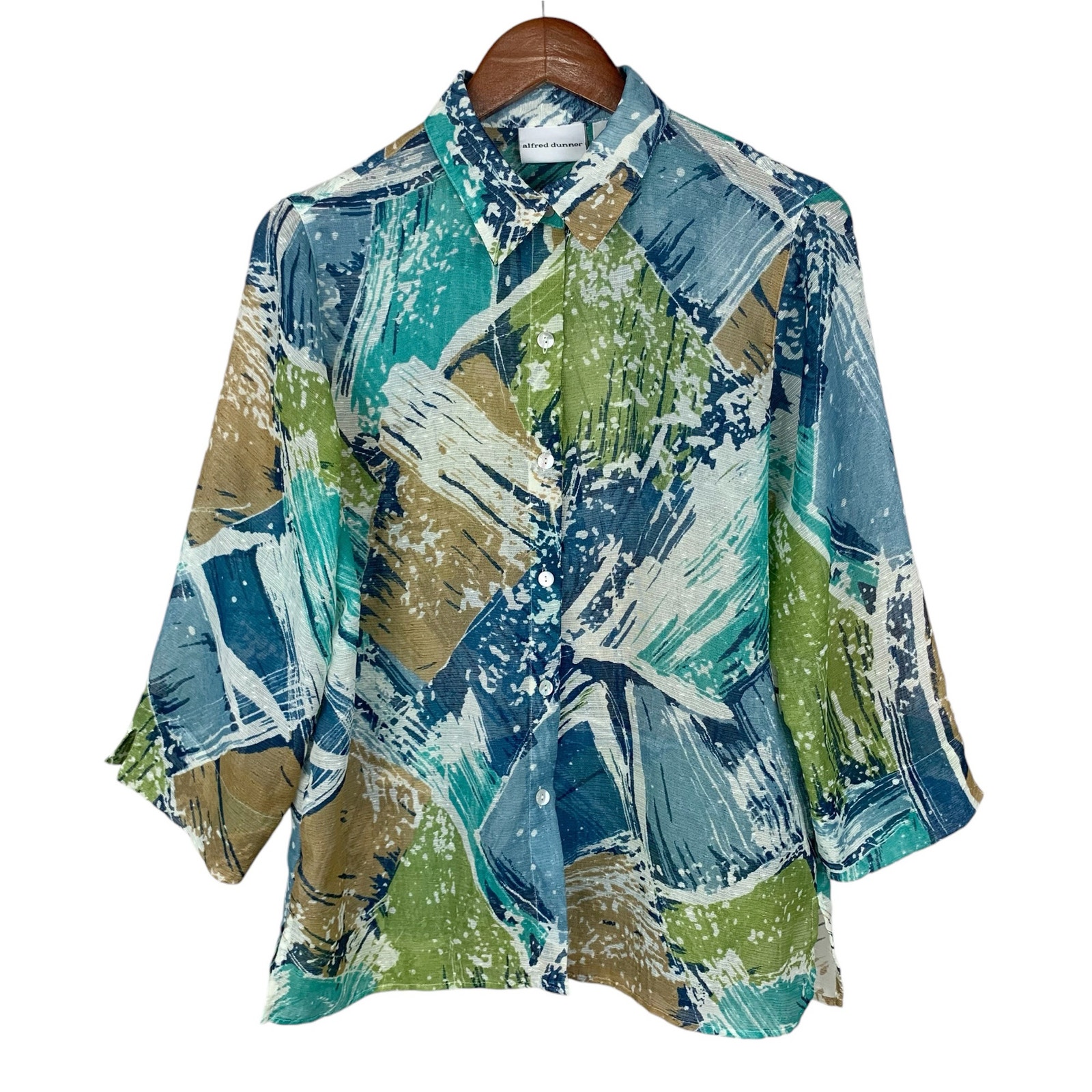 Alfred Dunner Shirt Button Front Colorful Semi Sheer Artsy 3/4 Sleeves Women's 8